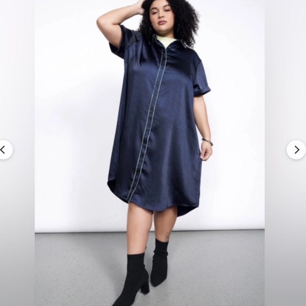 Wildfang The Empower Satin Navy Blue Button-Front Shirt Dress - Picture 6 of 8